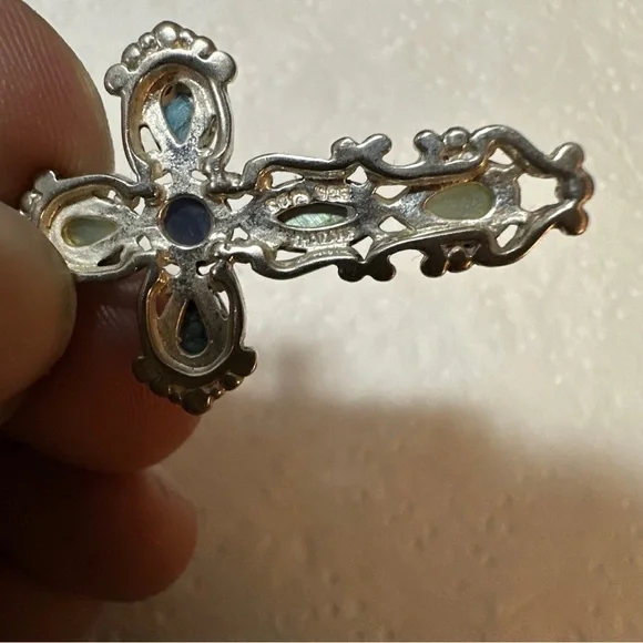 Vintage Sterling Silver Cross With Multicolored Gemstones 1.75 Inches Signed - Picture 7 of 8